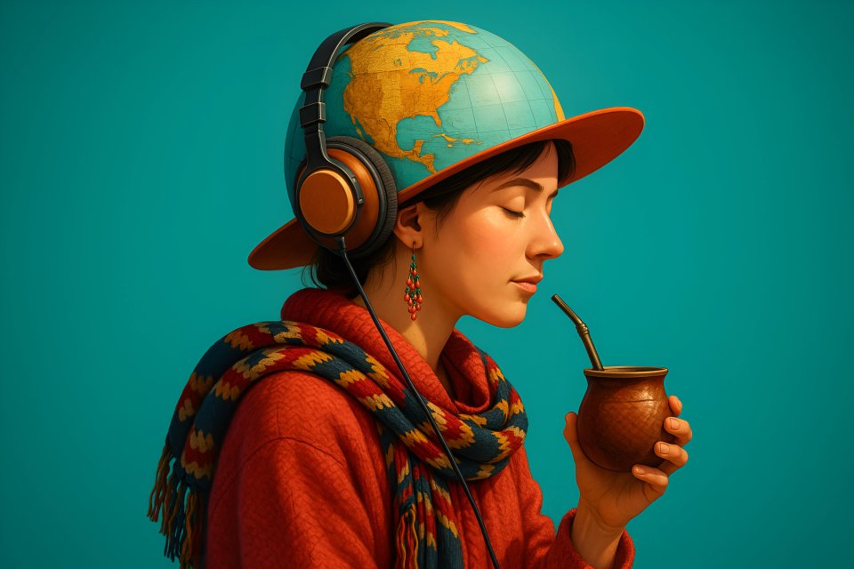 Woman with globe hat and mate.
