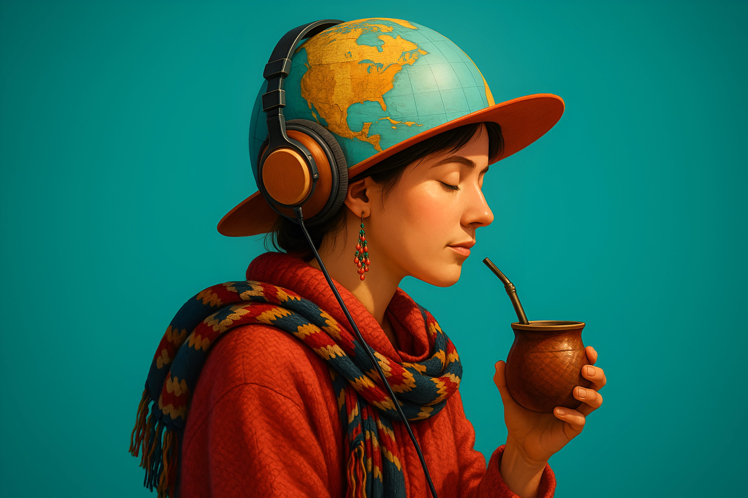 Woman with globe hat and mate.